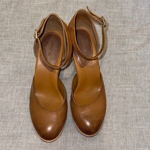 Kork-Ease Brown Leather Women's Wedge Ankle Strap Heels